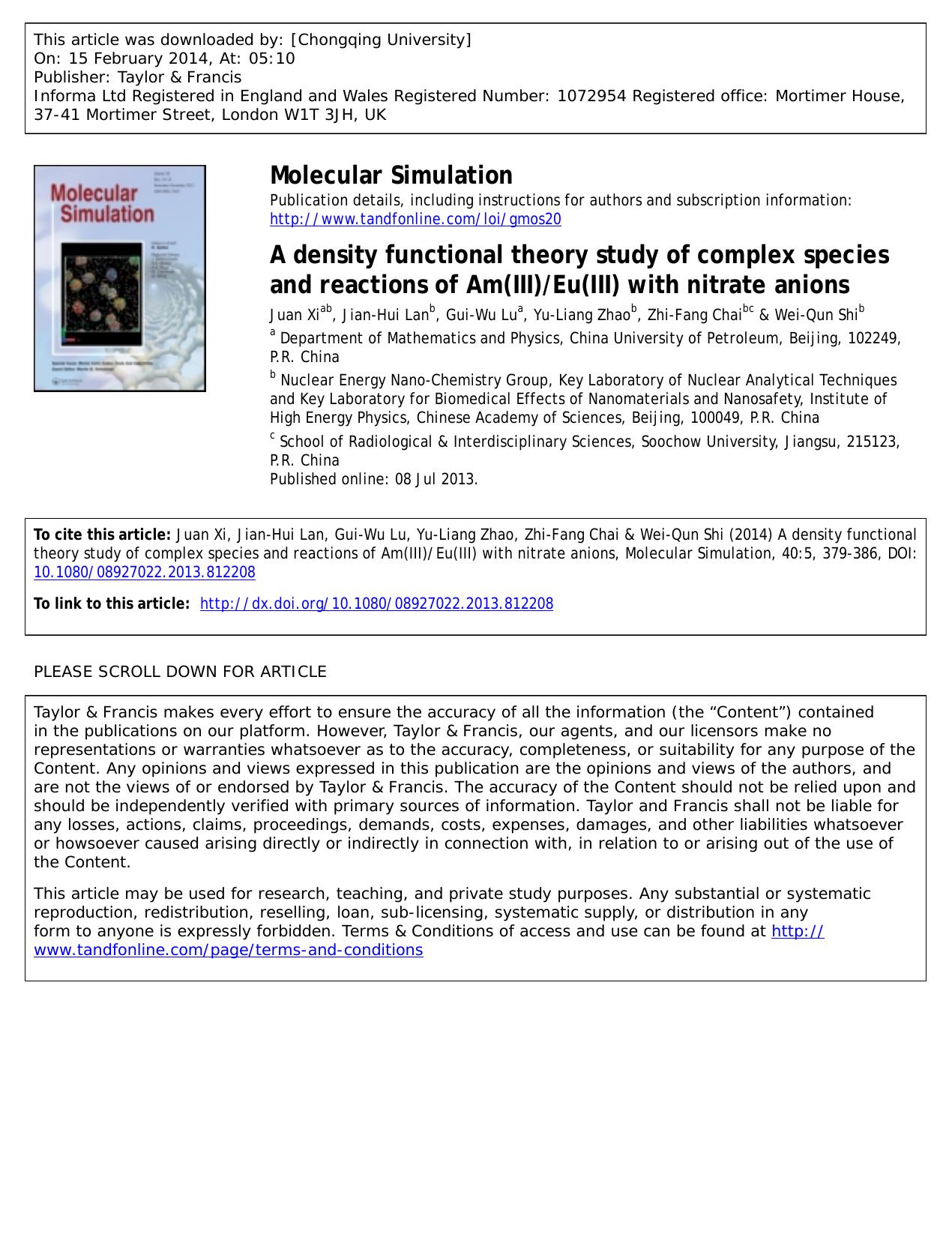 A density functional theory study of complex species and reactions of Am(III)Eu(III) with nitrate anions by Juan Xi & Jian-Hui Lan & Gui-Wu Lu & Yu-Liang Zhao & Zhi-Fang Chai & Wei-Qun Shi