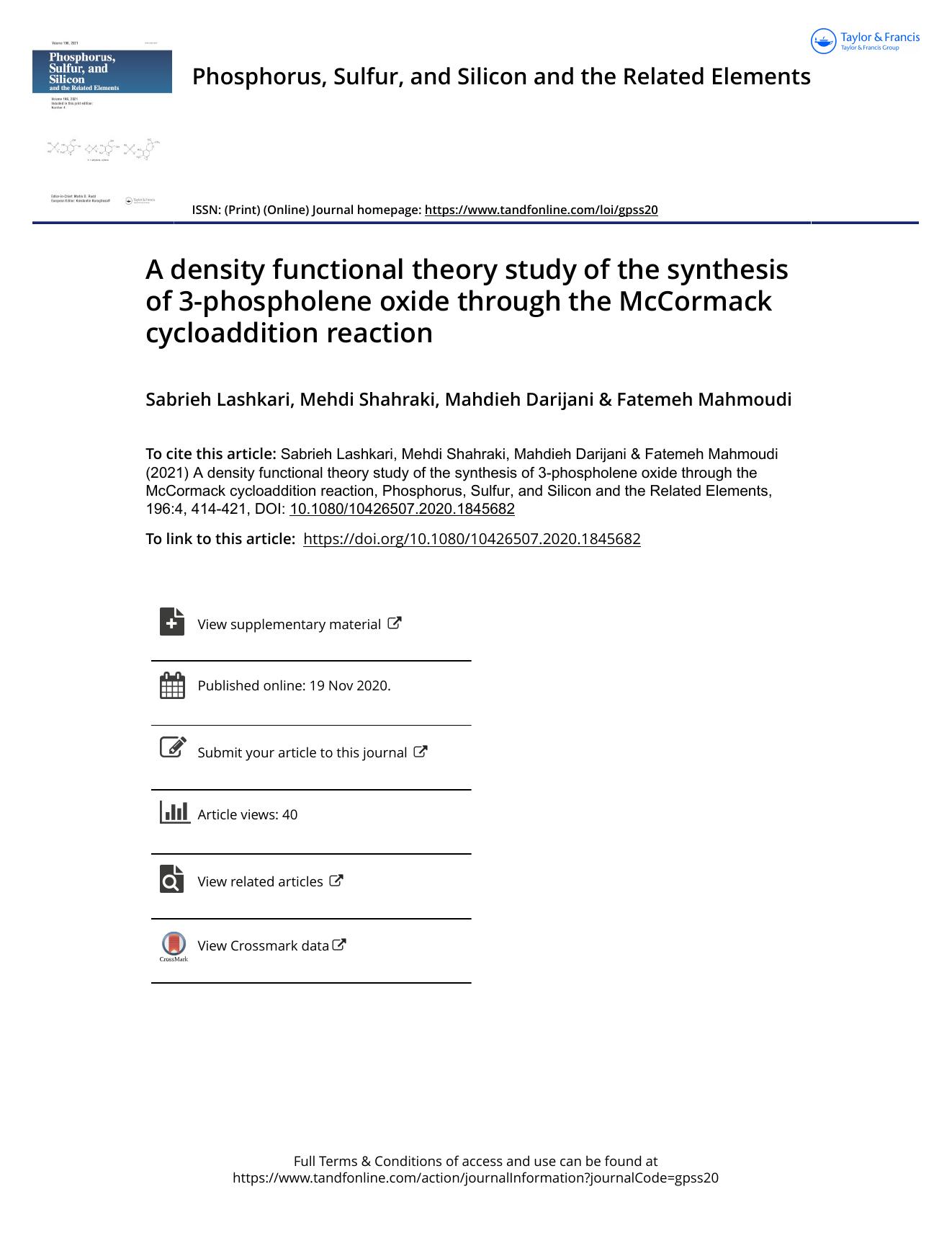 A density functional theory study of the synthesis of 3-phospholene oxide through the McCormack cycloaddition reaction by Lashkari Sabrieh & Shahraki Mehdi & Darijani Mahdieh & Mahmoudi Fatemeh