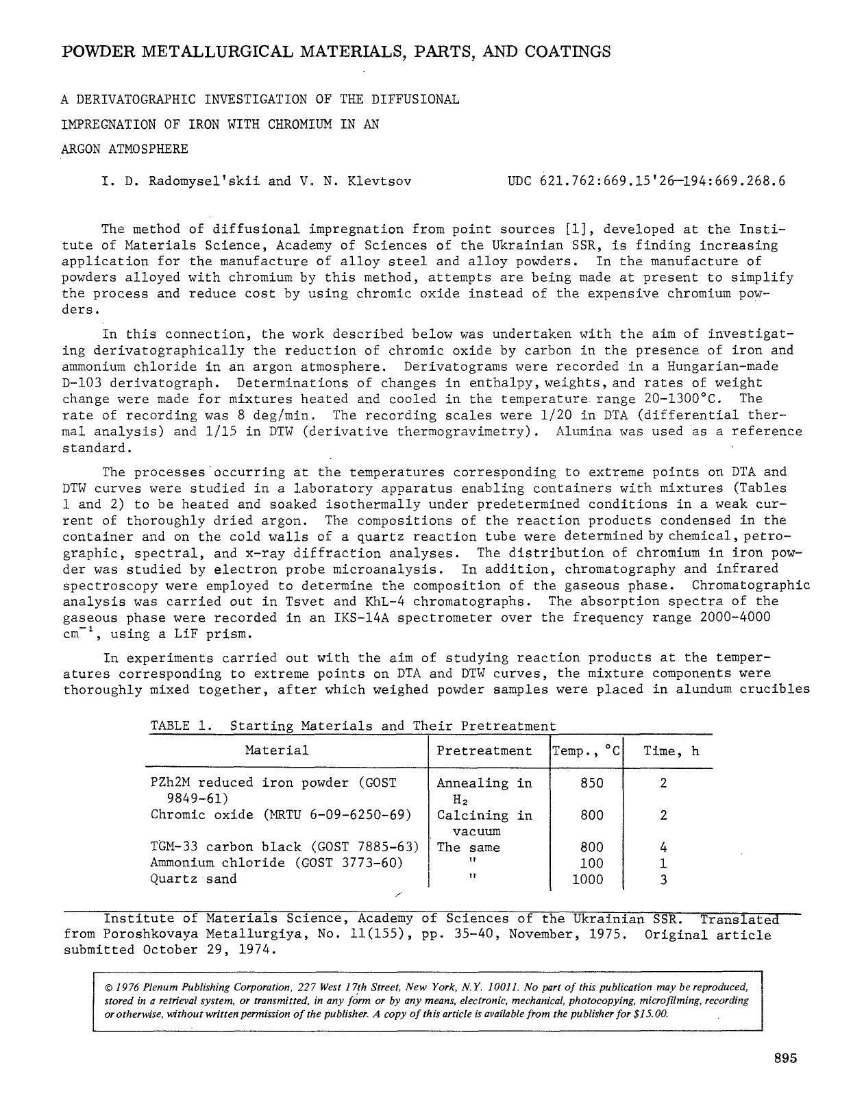 A derivatographic investigation of the diffusional impregnation of iron with chromium in an argon atmosphere by Unknown