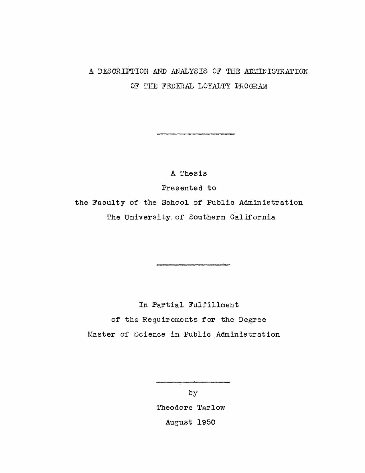 A description and analysis of the administration of the Federal loyalty program by Tarlow Theodore