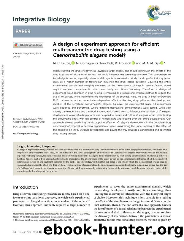 A design of experiment approach for efficient multi-parametric drug testing using a Caenorhabditis elegans model by M. C. Letizia & M. Cornaglia & G. Tranchida & R. Trouillon & M. A. M. Gijs