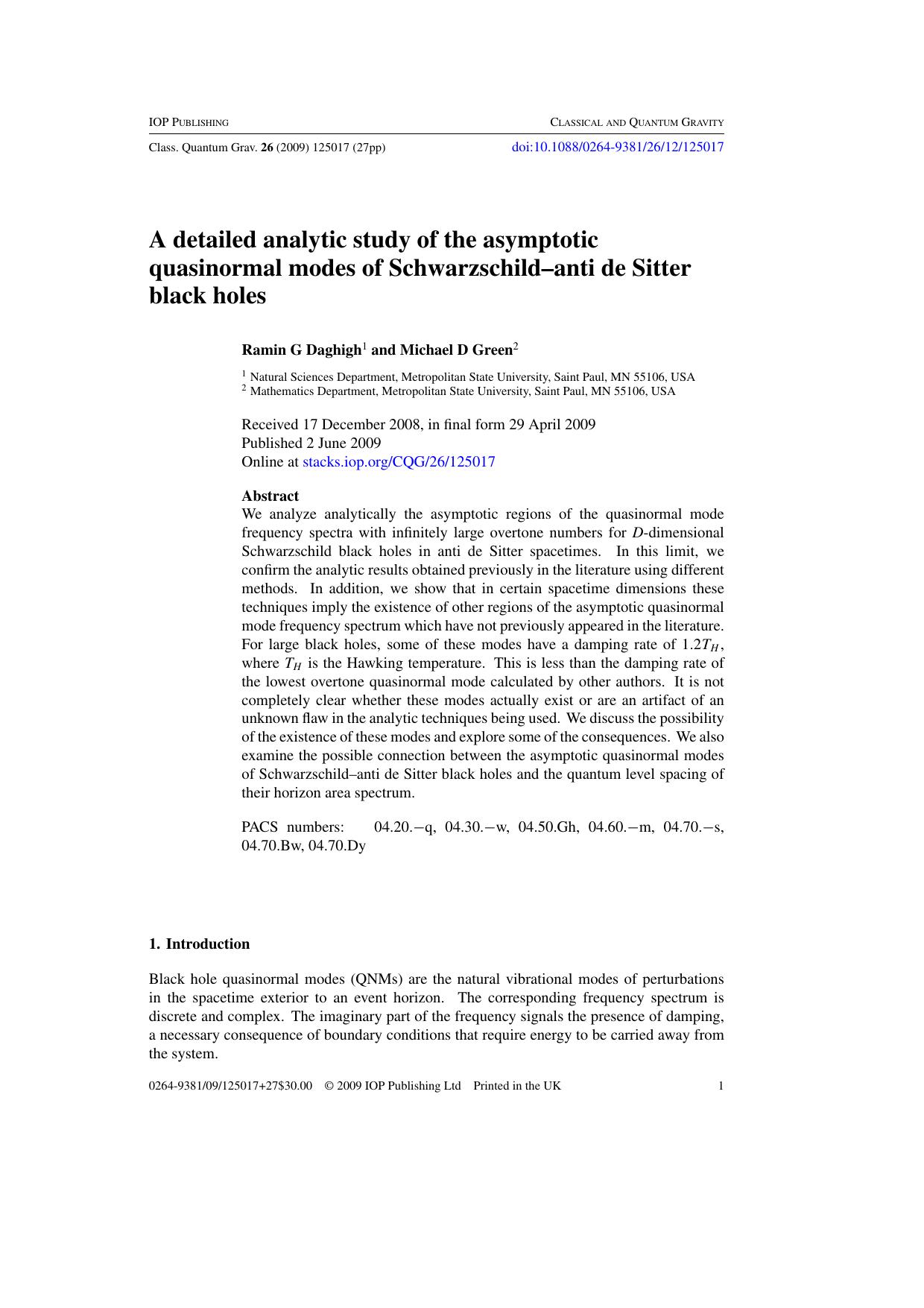 A detailed analytic study of the asymptotic QNMs of Schwarzschild--AdS black holes by R G Daghigh and M D Green
