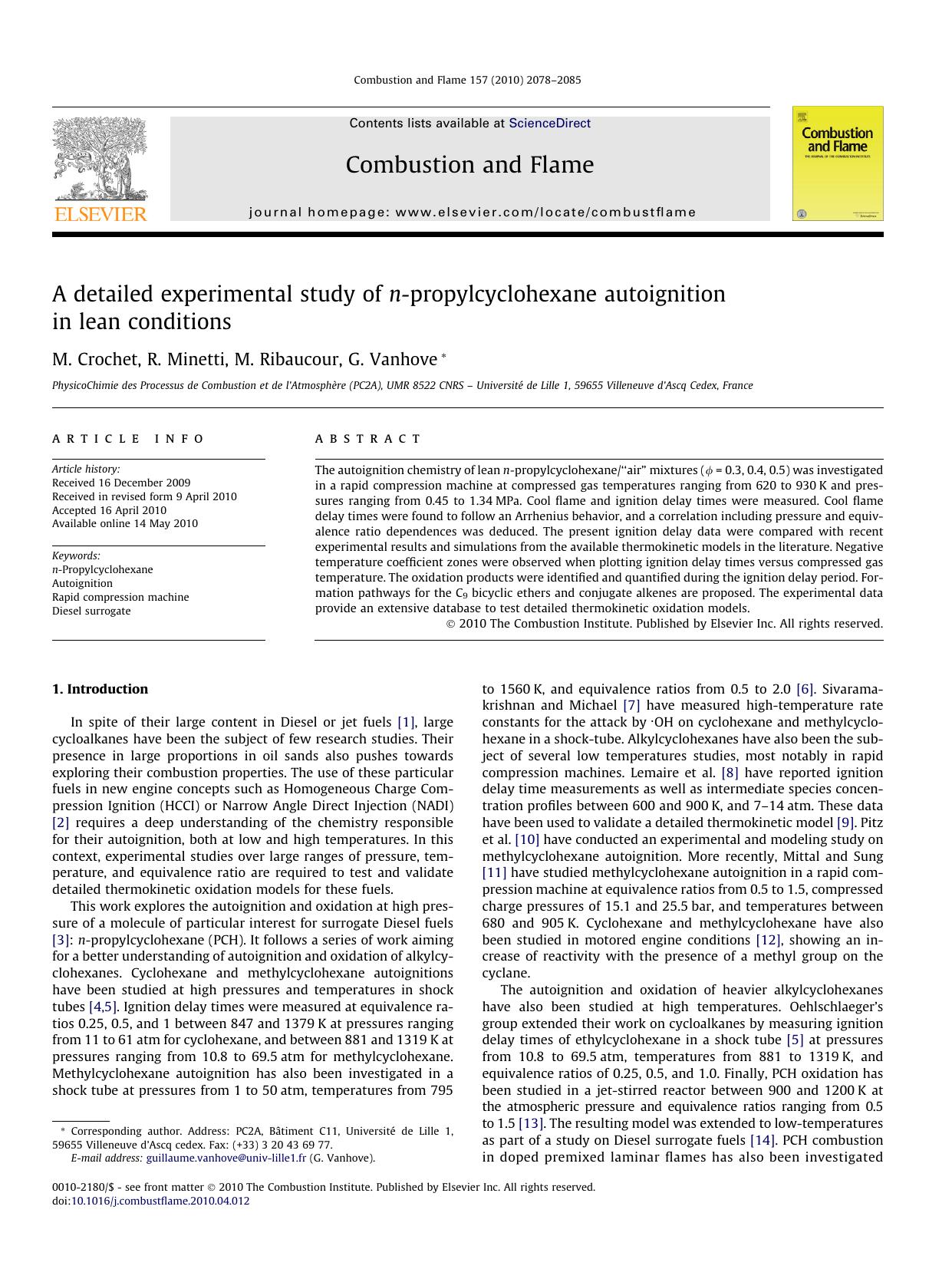 A detailed experimental study of n-propylcyclohexane autoignition in lean conditions by M. Crochet & R. Minetti & M. Ribaucour & G. Vanhove
