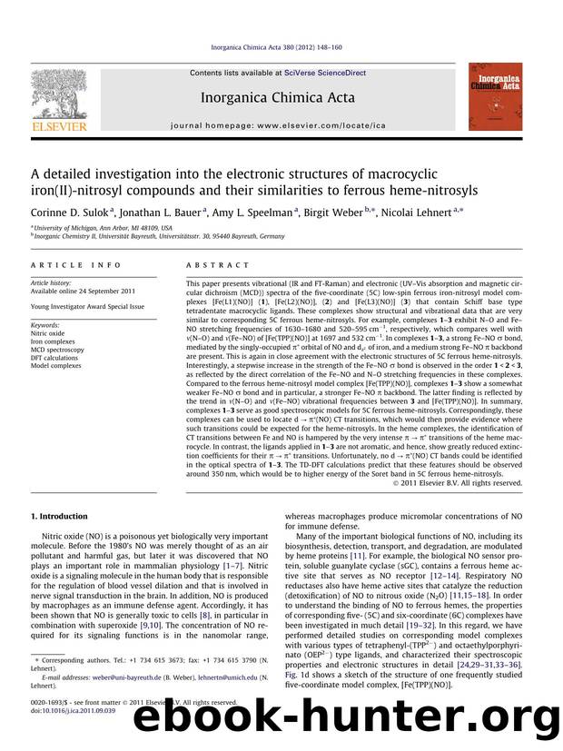 A detailed investigation into the electronic structures of macrocyclic iron(II)-nitrosyl compounds and their similarities to ferrous heme-nitrosyls by Corinne D. Sulok & Jonathan L. Bauer & Amy L. Speelman & Birgit Weber & Nicolai Lehnert
