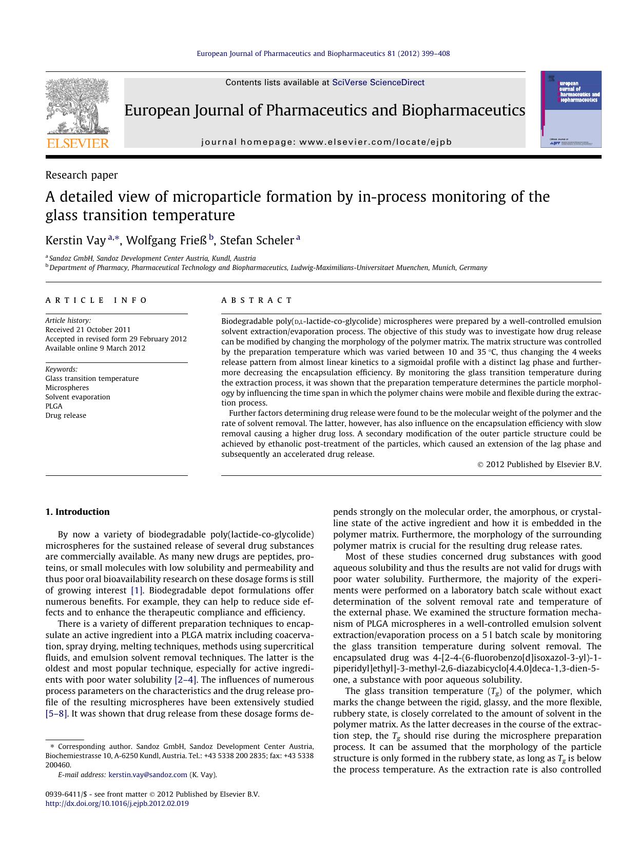 A detailed view of microparticle formation by in-process monitoring of the glass transition temperature by Kerstin Vay & Wolfgang Frieß & Stefan Scheler
