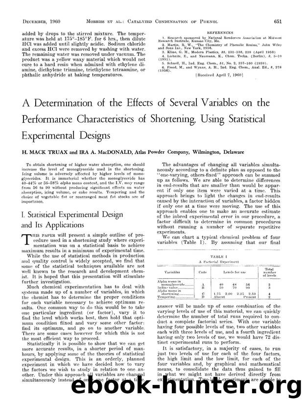 A determination of the effects of several variables on the performance characteristics of shortening, using statistical experimental designs by Unknown