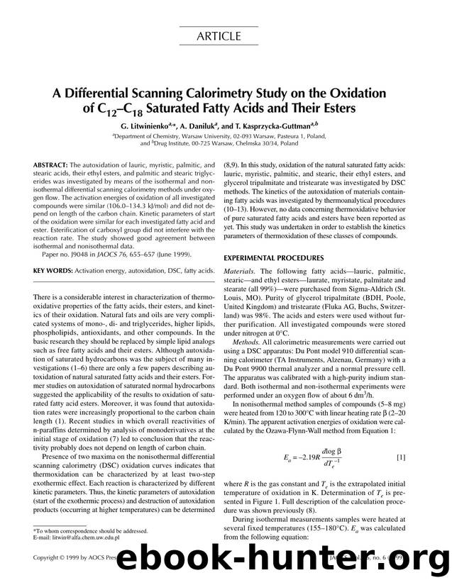 A differential scanning calorimetry study on the oxidation of C <Subscript>12 <Subscript>-C <Subscript>18 <Subscript> saturated fatty acids and their esters by Unknown