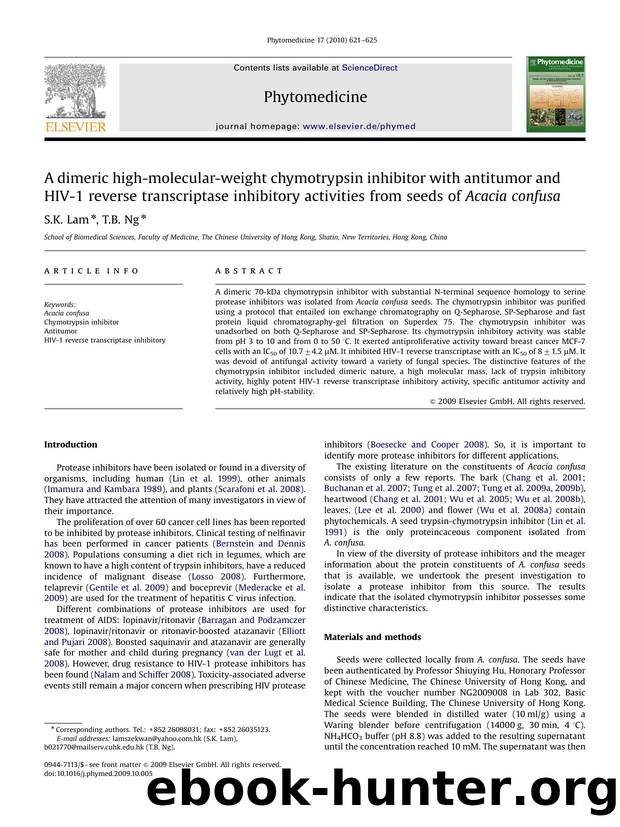 A dimeric high-molecular-weight chymotrypsin inhibitor with antitumor and HIV-1 reverse transcriptase inhibitory activities from seeds of Acacia confusa by S.K. Lam; T.B. Ng