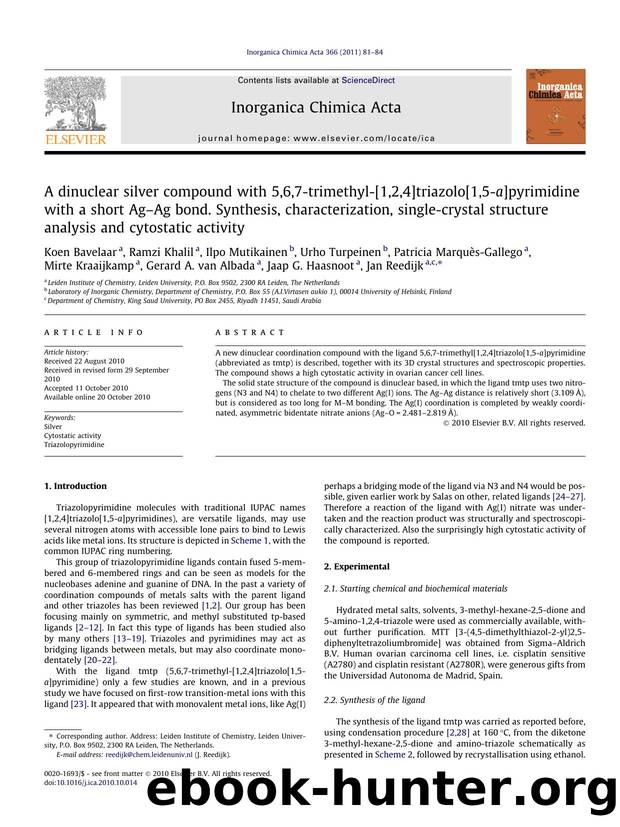 A dinuclear silver compound with 5,6,7-trimethyl-[1,2,4]triazolo[1,5-a]pyrimidine with a short AgÃ¢â¬âAg bond. Synthesis, characterization, single-crystal structure analysis and cytostatic activity by unknow