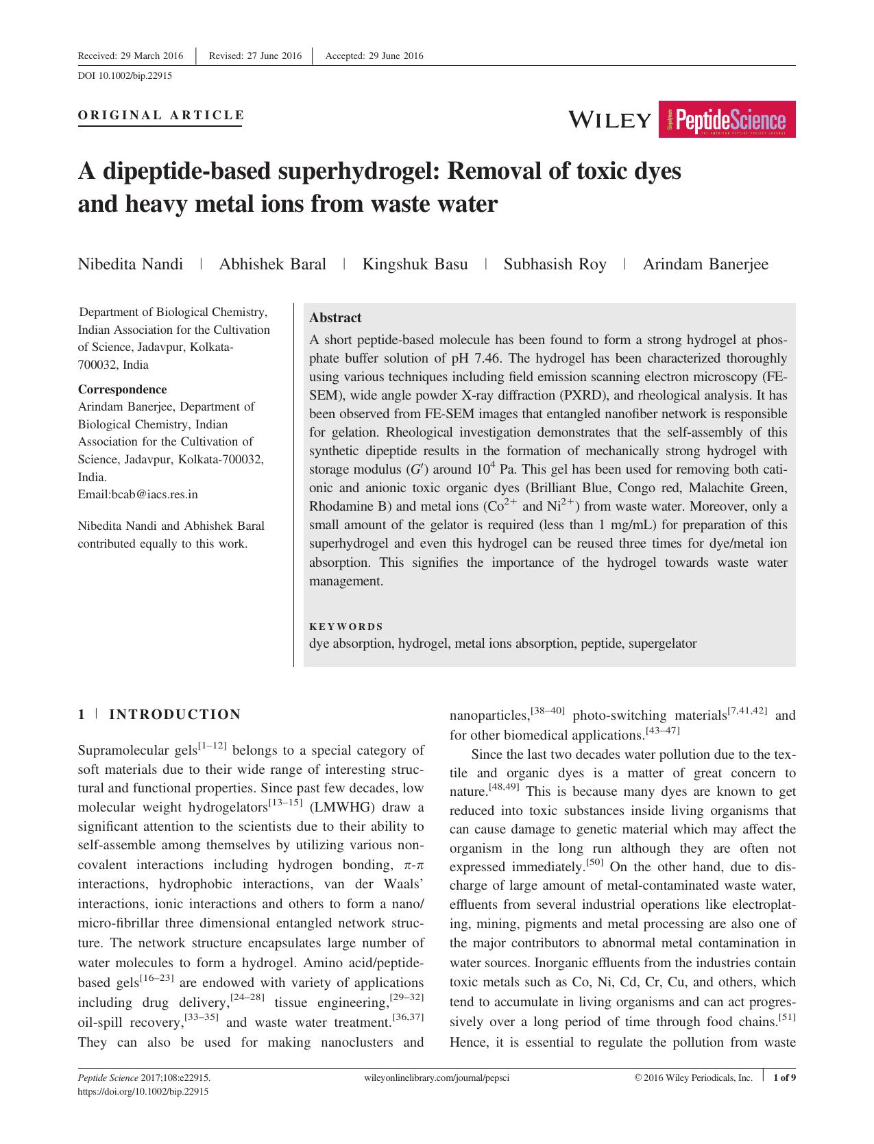 A dipeptide&#8208;based superhydrogel: Removal of toxic dyes and heavy metal ions from waste water by Unknown