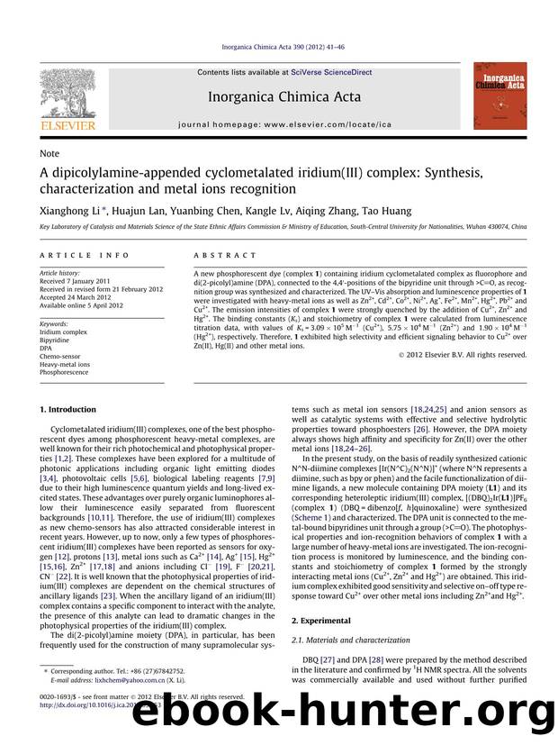 A dipicolylamine-appended cyclometalated iridium(III) complex: Synthesis, characterization and metal ions recognition by Xianghong Li & Huajun Lan & Yuanbing Chen & Kangle Lv & Aiqing Zhang & Tao Huang