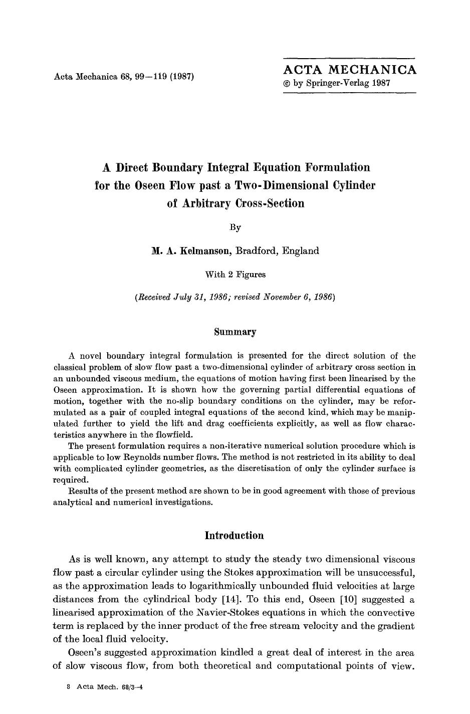 A direct boundary integral equation formulation for the Oseen flow past a two-dimensional cylinder of arbitrary cross-section by Unknown