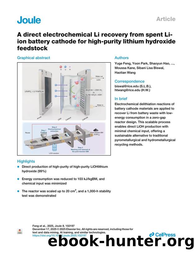 A direct electrochemical Li recovery from spent Li-ion battery cathode for high-purity lithium hydroxide feedstock by unknow