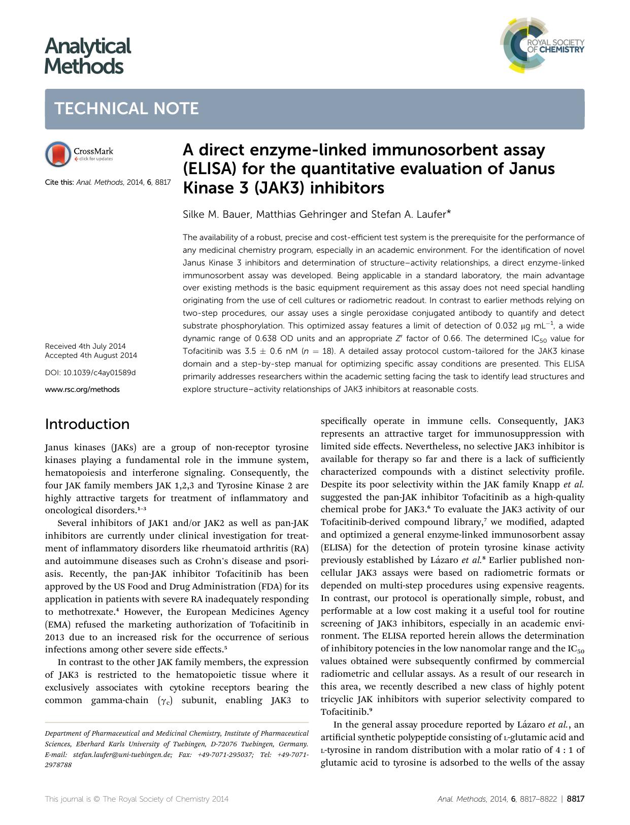A direct enzyme-linked immunosorbent assay (ELISA) for the quantitative evaluation of Janus Kinase 3 (JAK3) inhibitors by Silke M. Bauer & Matthias Gehringer & Stefan A. Laufer