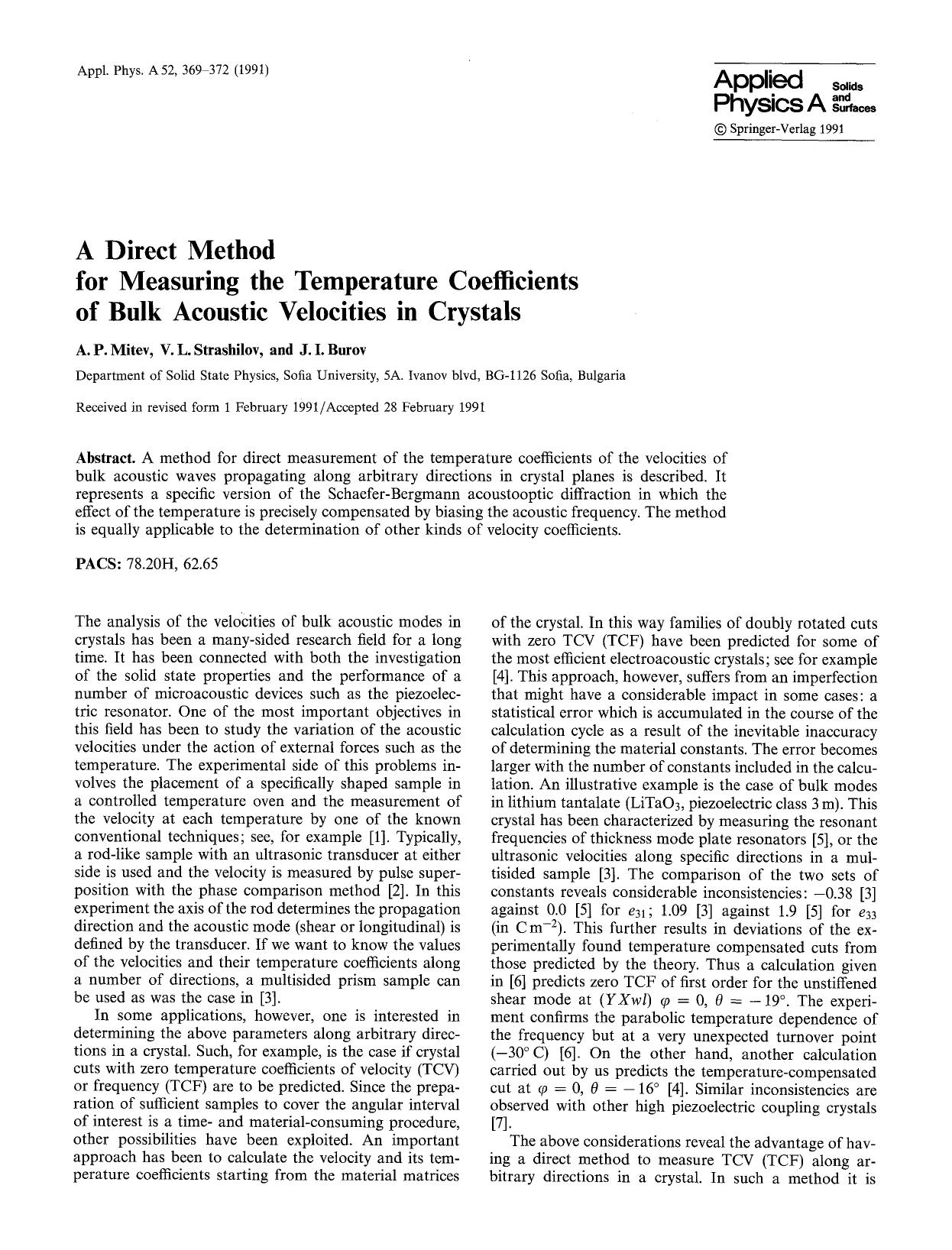 A direct method for measuring the temperature coefficients of bulk acoustic velocities in crystals by Unknown