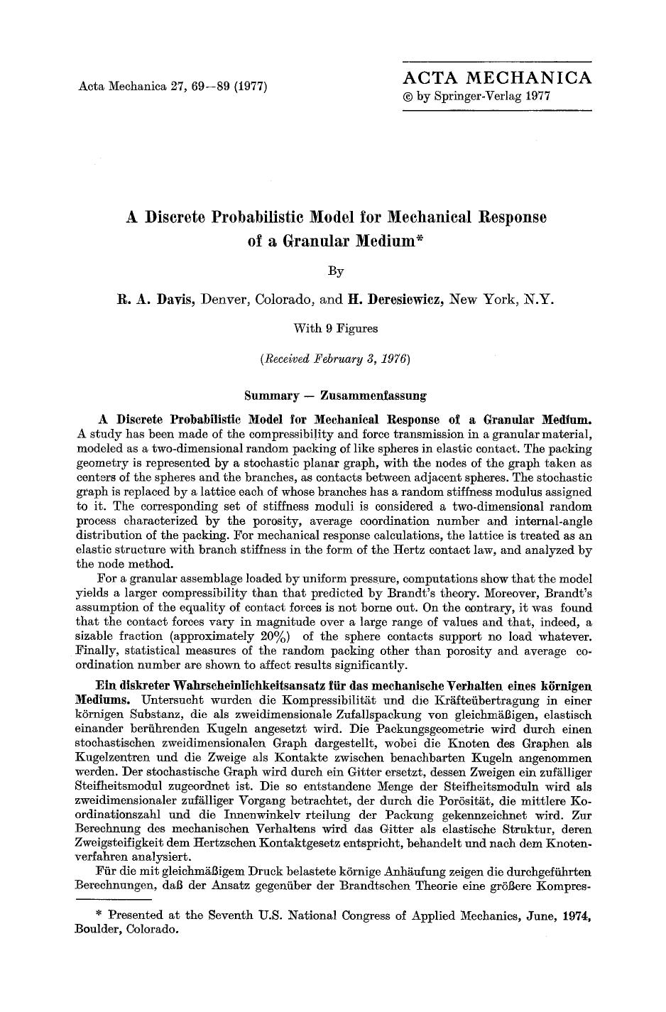 A discrete probabilistic model for mechanical response of a granular medium by Unknown