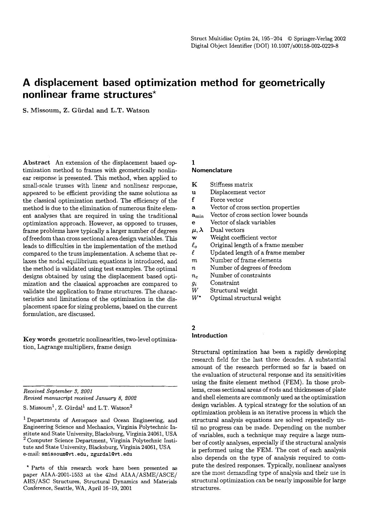 A displacement based optimization method for geometrically nonlinear frame structures by Unknown