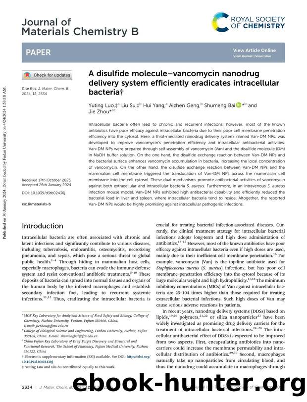 A disulfide molecule–vancomycin nanodrug delivery system efficiently eradicates intracellular bacteria by Yuting Luo & Liu Su & Hui Yang & Aizhen Geng & Shumeng Bai & Jie Zhou