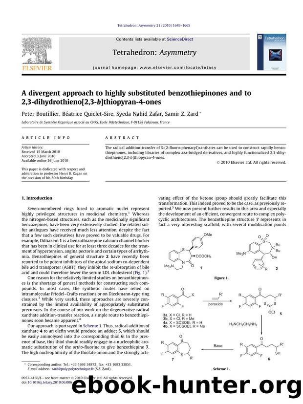 A divergent approach to highly substituted benzothiepinones and to 2,3-dihydrothieno[2,3-b]thiopyran-4-ones by Peter Boutillier & Béatrice Quiclet-Sire & Syeda Nahid Zafar & Samir Z. Zard