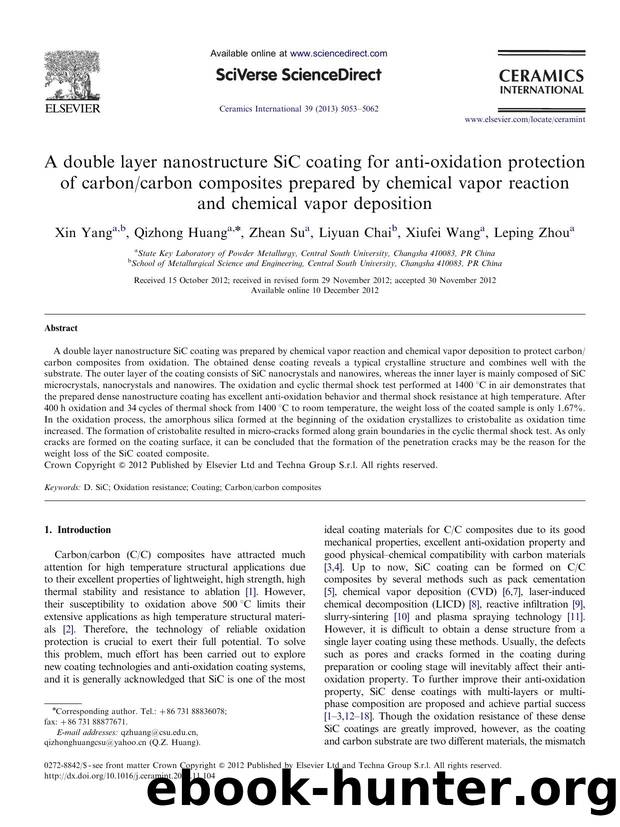 A double layer nanostructure SiC coating for anti-oxidation protection of carboncarbon composites prepared by chemical vapor reaction and chemical vapor deposition by Xin Yang & Qizhong Huang & Zhean Su & Liyuan Chai & Xiufei Wang & Leping Zhou