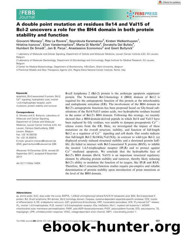 A double point mutation at residues Ile14 and Val15 of Bclâ2 uncovers a role for the BH4 domain in both protein stability and function by Unknown