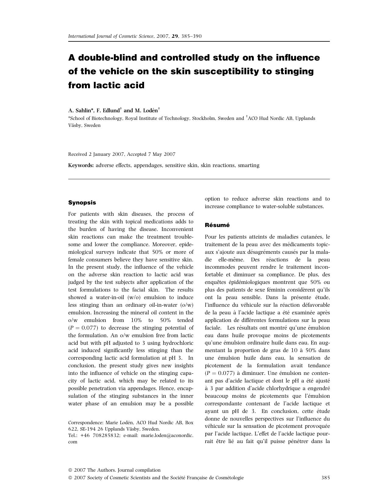 A double-blind and controlled study on the influence of the vehicle on the skin susceptibility to stinging from lactic acid by Unknown