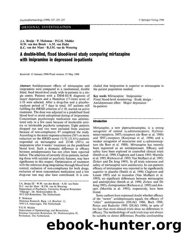 A double-blind, fixed blood-level study comparing mirtazapine with imipramine in depressed in-patients by Unknown