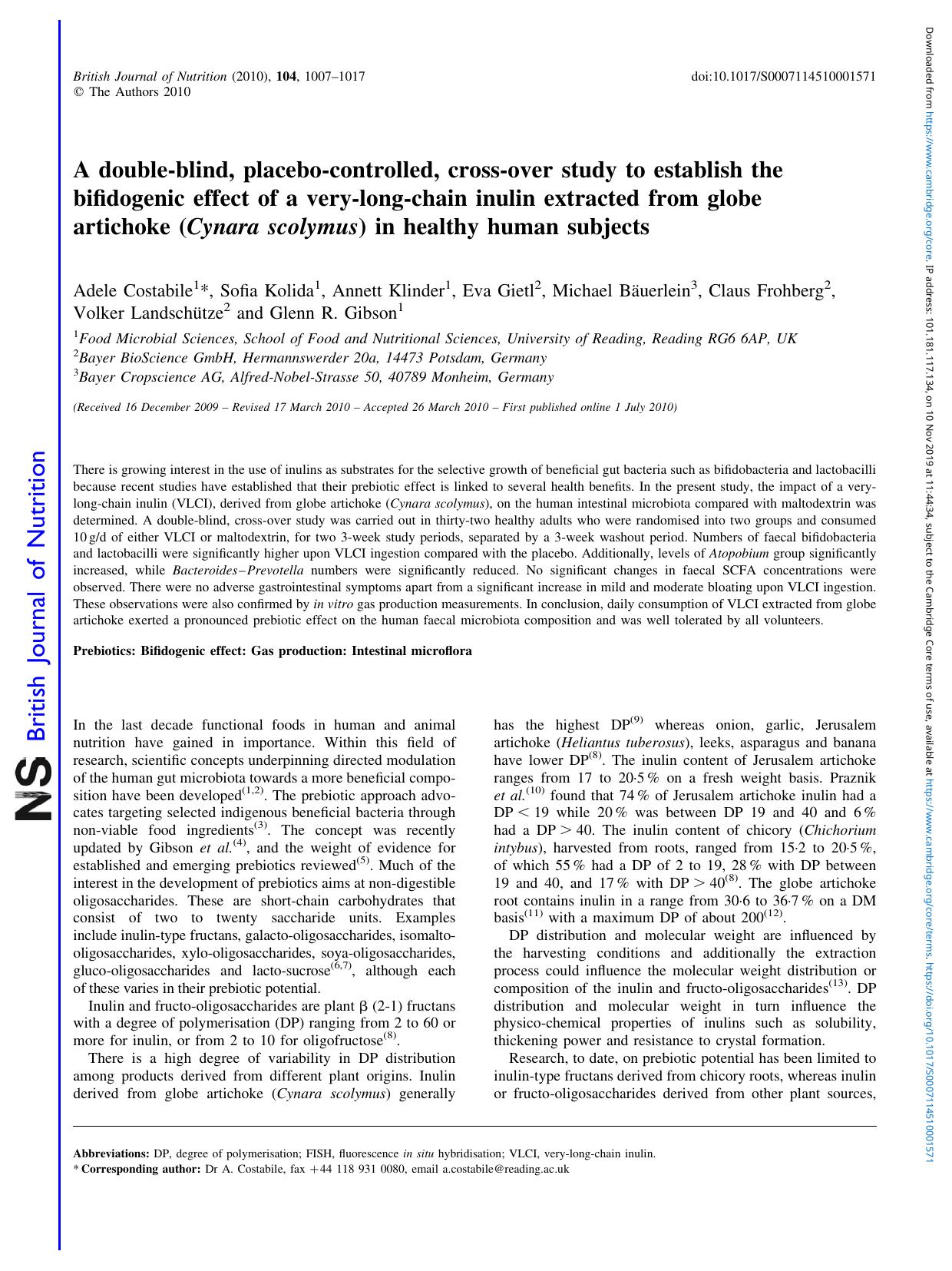A double-blind, placebo-controlled, cross-over study to establish the bifidogenic effect of a very-long-chain inulin extracted from globe artichoke ( Cynara scolymus) in healthy human subjects by unknow