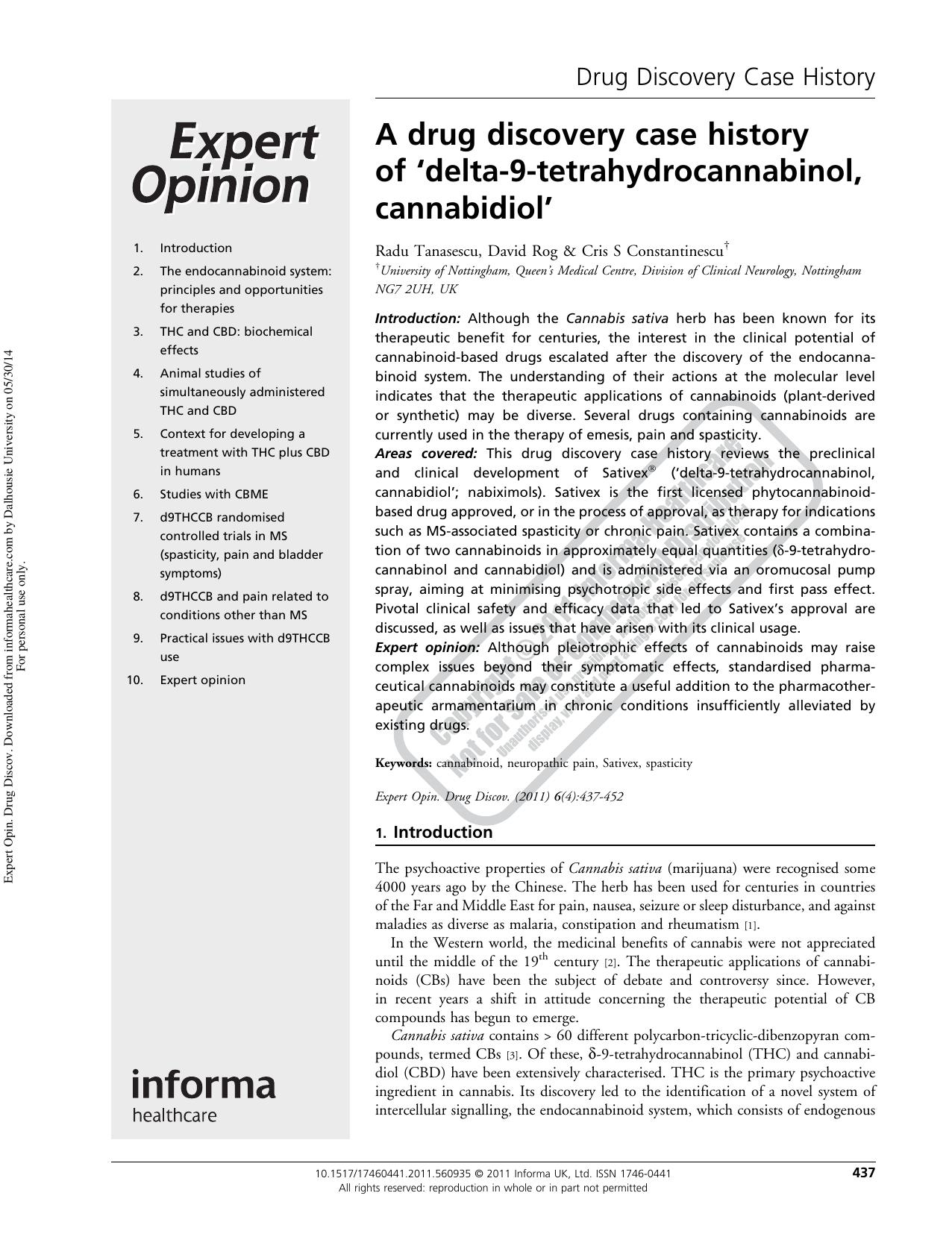 A drug discovery case history of âdelta-9-tetrahydrocannabinol, cannabidiolâ by Radu TanasescuDavid RogCris S Constantinescu