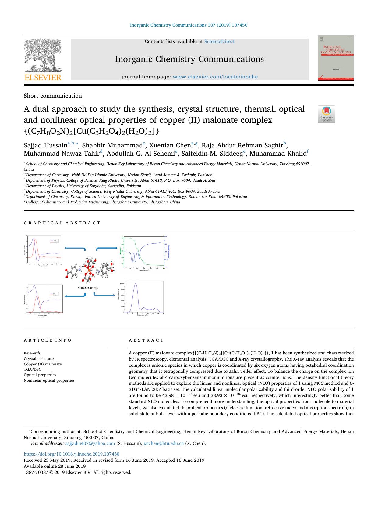 A dual approach to study the synthesis, crystal structure, thermal, optical and nonlinear optical properties of copper (II) malonate complex {(C7H8O2N)2[Cu(C3H2O4)2(H2O)2]} by unknow
