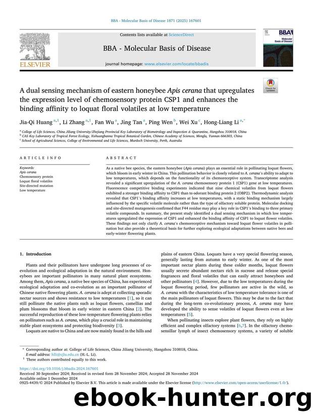 A dual sensing mechanism of eastern honeybee Apis cerana that upregulates the expression level of chemosensory protein CSP1 and enhances the binding affinity to loquat floral volat by Jia-Qi Huang & Li Zhang & Fan Wu & Jing Tan & Ping Wen & Wei Xu & Hong-Liang Li