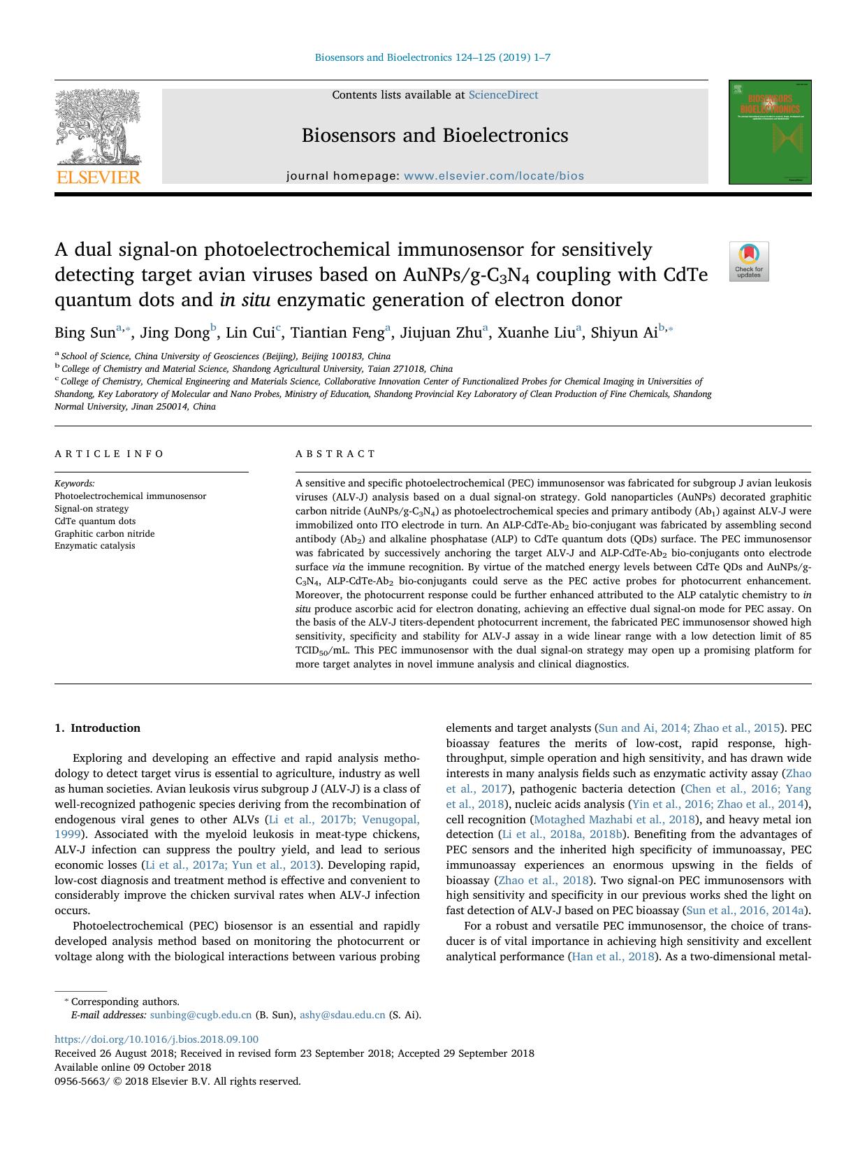 A dual signal-on photoelectrochemical immunosensor for sensitively detecting target avian viruses based on AuNPsg-C3N4 coupling with CdTe quantum dots and in situ enzymatic generat by Bing Sun & Jing Dong & Lin Cui & Tiantian Feng & Jiujuan Zhu & Xuanhe Liu & Shiyun Ai