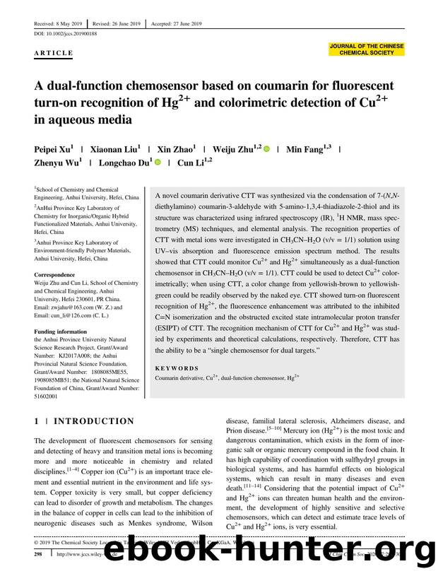 A dual-function chemosensor based on coumarin for fluorescent turn-on recognition of Hg2+ and colorimetric detection of Cu2+ in aqueous media by Unknown