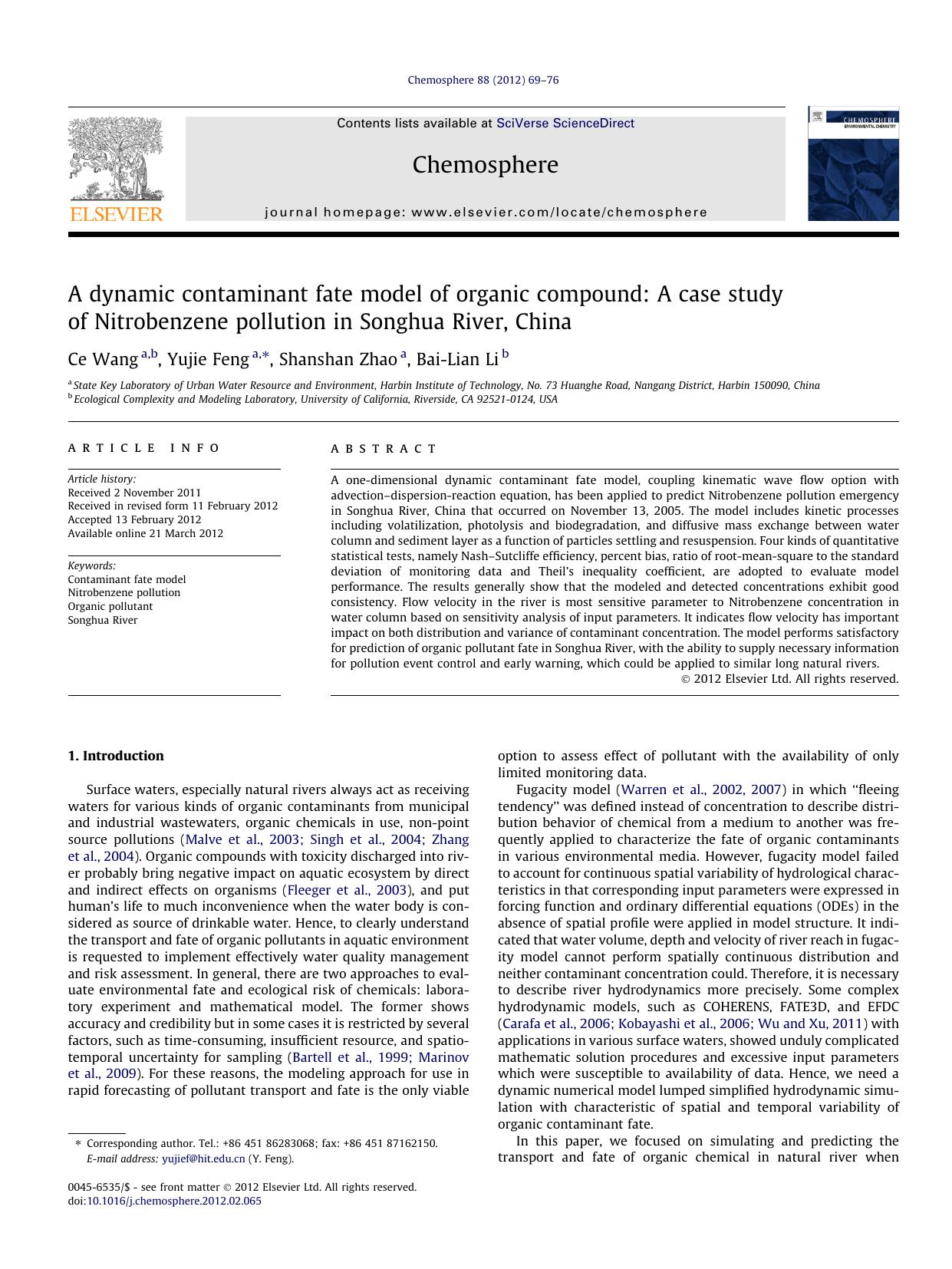 A dynamic contaminant fate model of organic compound: A case study of Nitrobenzene pollution in Songhua River, China by Ce Wang & Yujie Feng & Shanshan Zhao & Bai-Lian Li