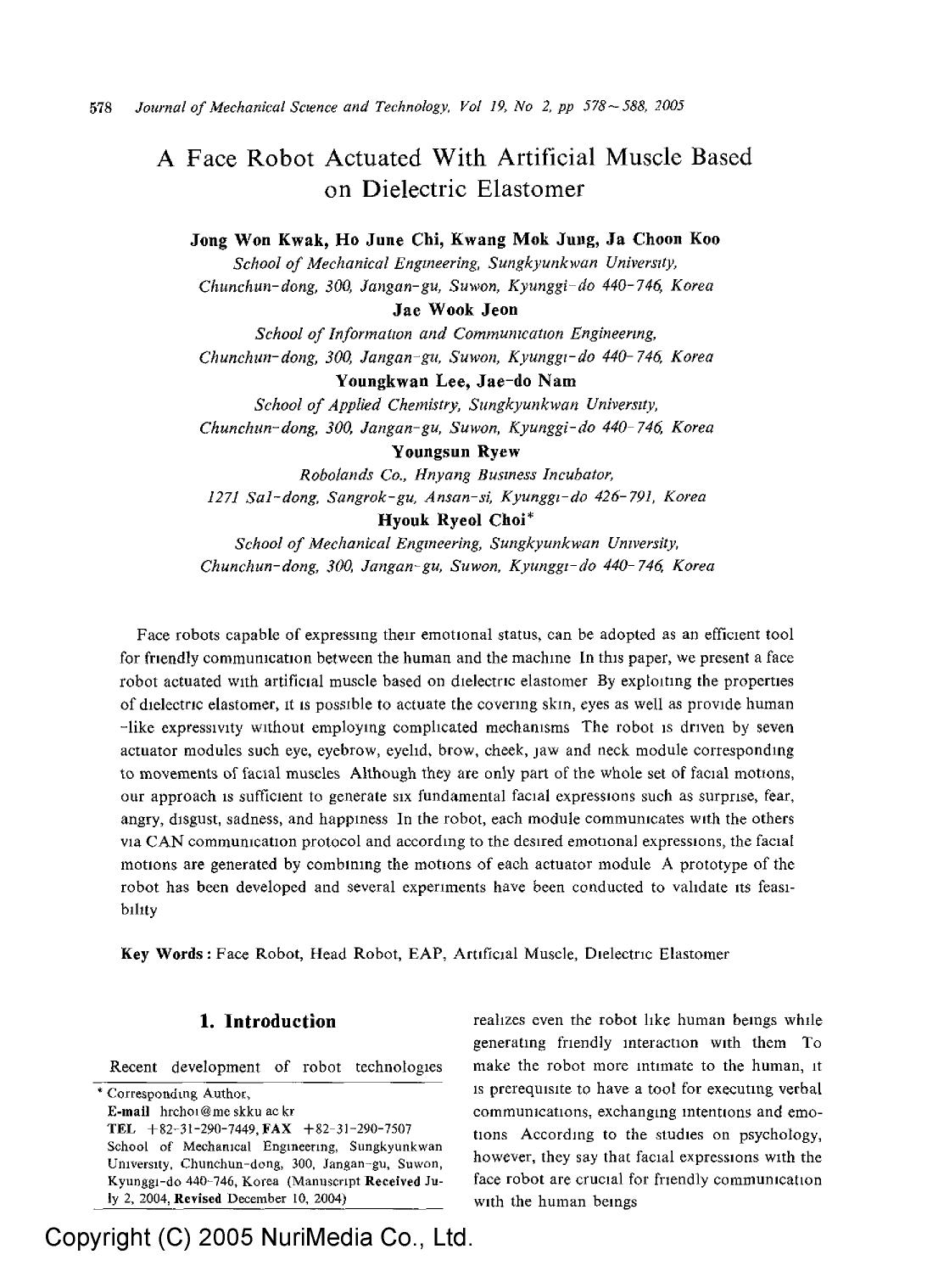 A face robot actuated with artificial muscle based on dielectric elastomer by Unknown