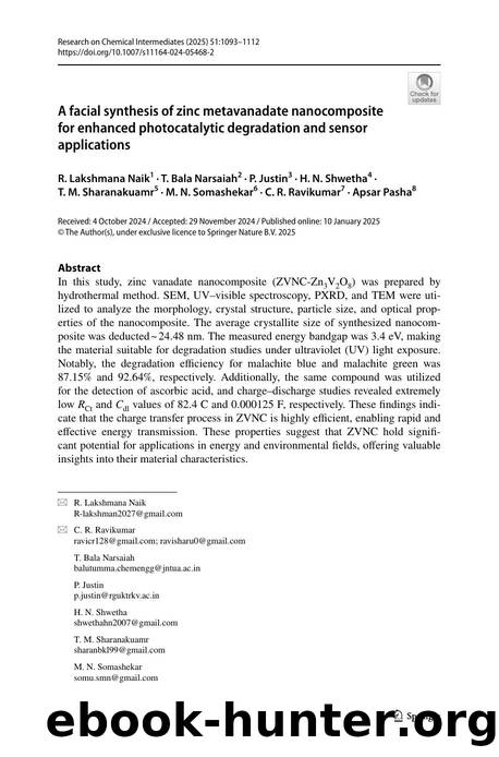 A facial synthesis of zinc metavanadate nanocomposite for enhanced photocatalytic degradation and sensor applications by unknow