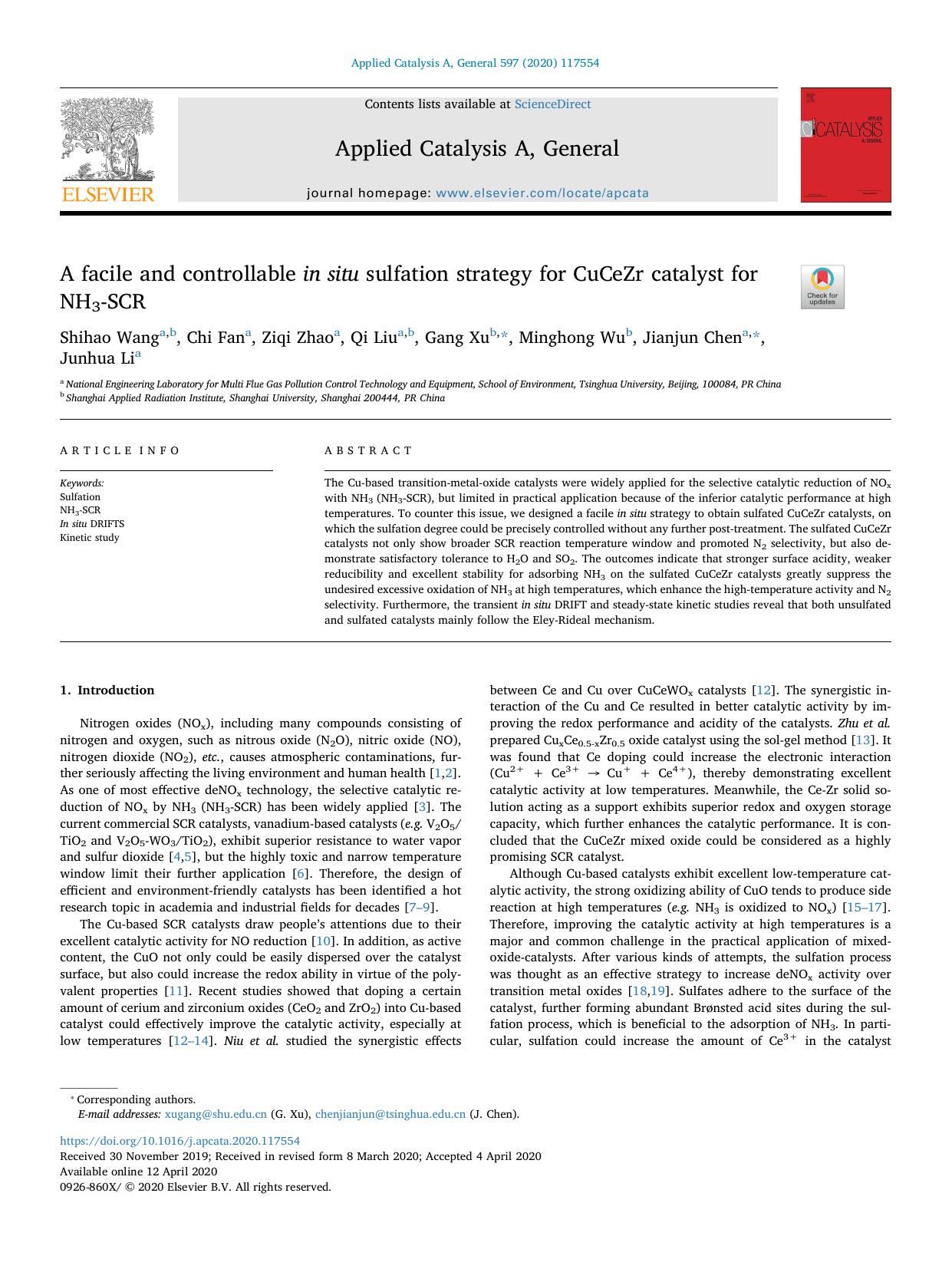 A facile and controllable in situ sulfation strategy for CuCeZr catalyst for NH3-SCR by Shihao Wang & Chi Fan & Ziqi Zhao & Qi Liu & Gang Xu & Minghong Wu & Jianjun Chen & Junhua Li