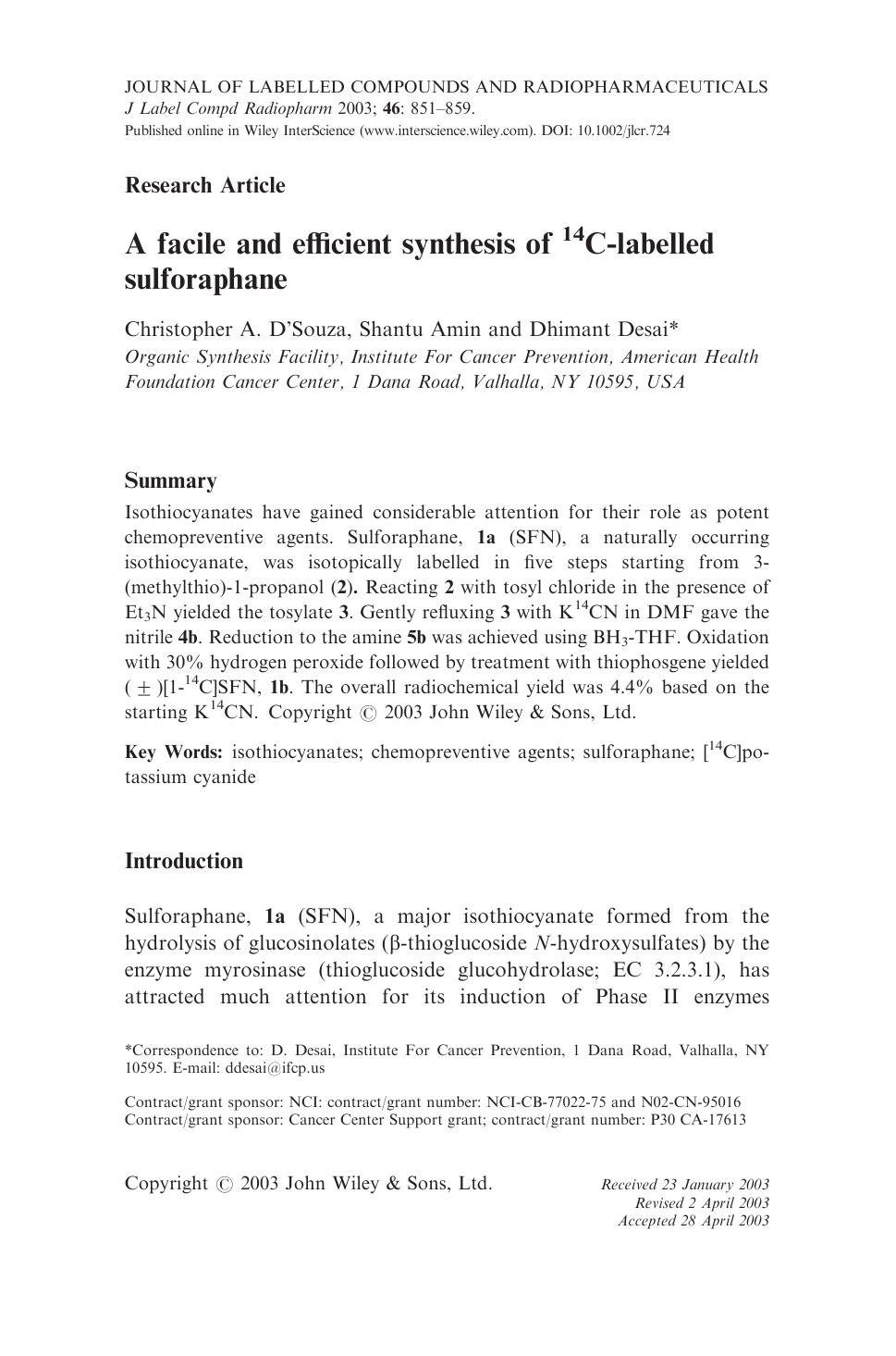 A facile and efficient synthesis of 14C-labelled sulforaphane by Unknown