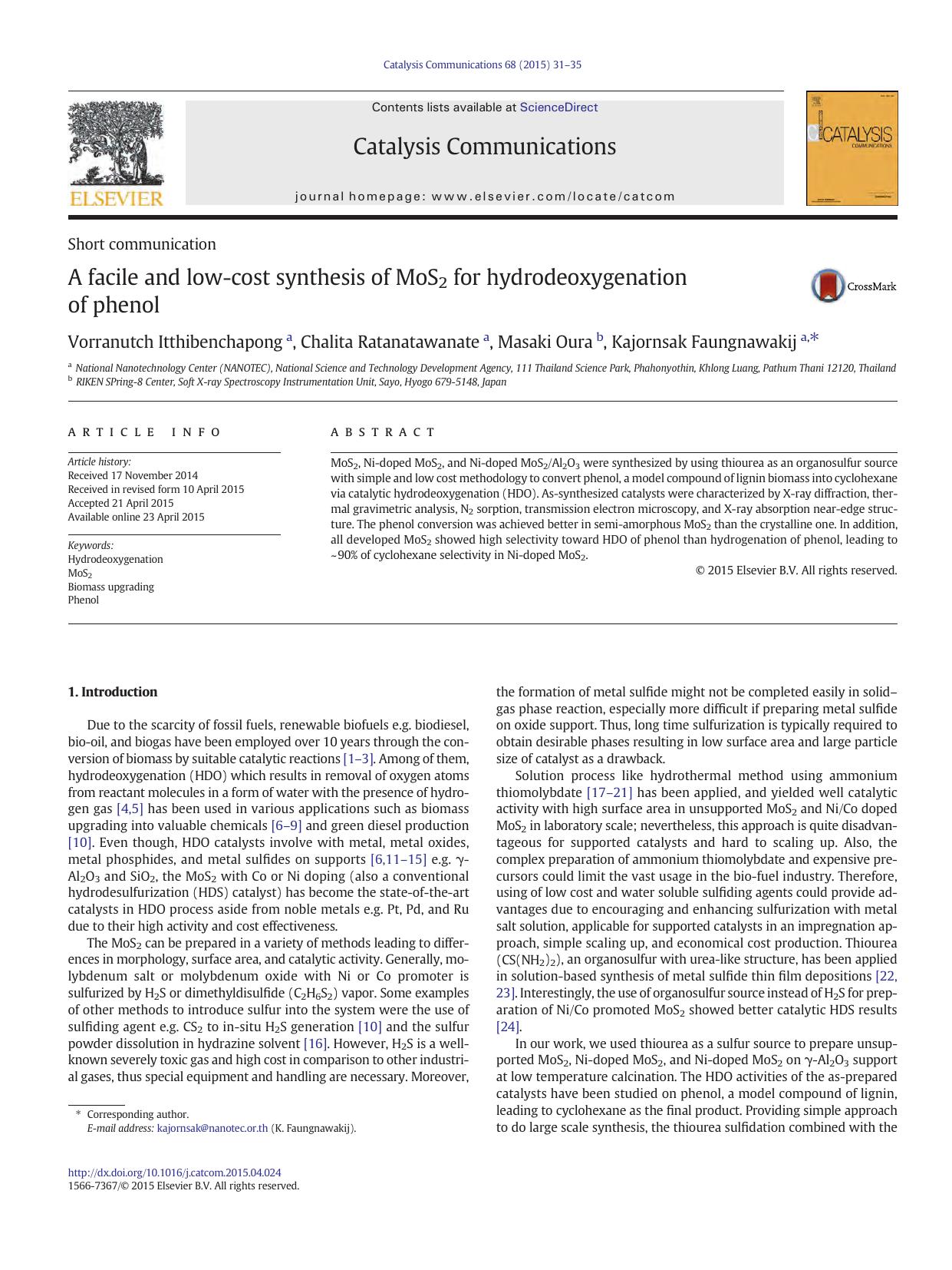 A facile and low-cost synthesis of MoS2 for hydrodeoxygenation of phenol by Vorranutch Itthibenchapong & Chalita Ratanatawanate & Masaki Oura & Kajornsak Faungnawakij