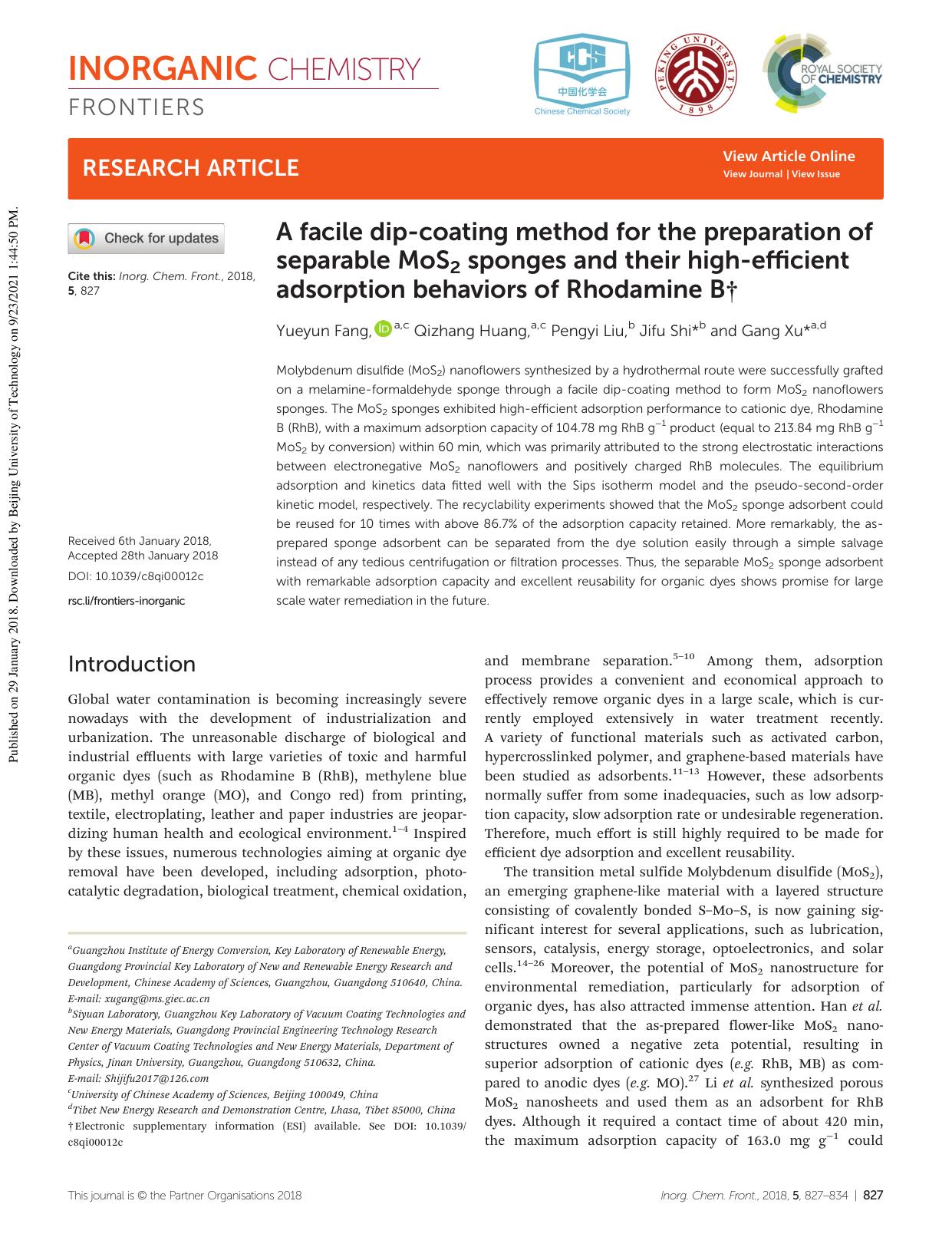 A facile dip-coating method for the preparation of separable MoS2 sponges and their high-efficient adsorption behaviors of Rhodamine B by Yueyun Fang Qizhang Huang Pengyi Liu Jifu Shi Gang Xu