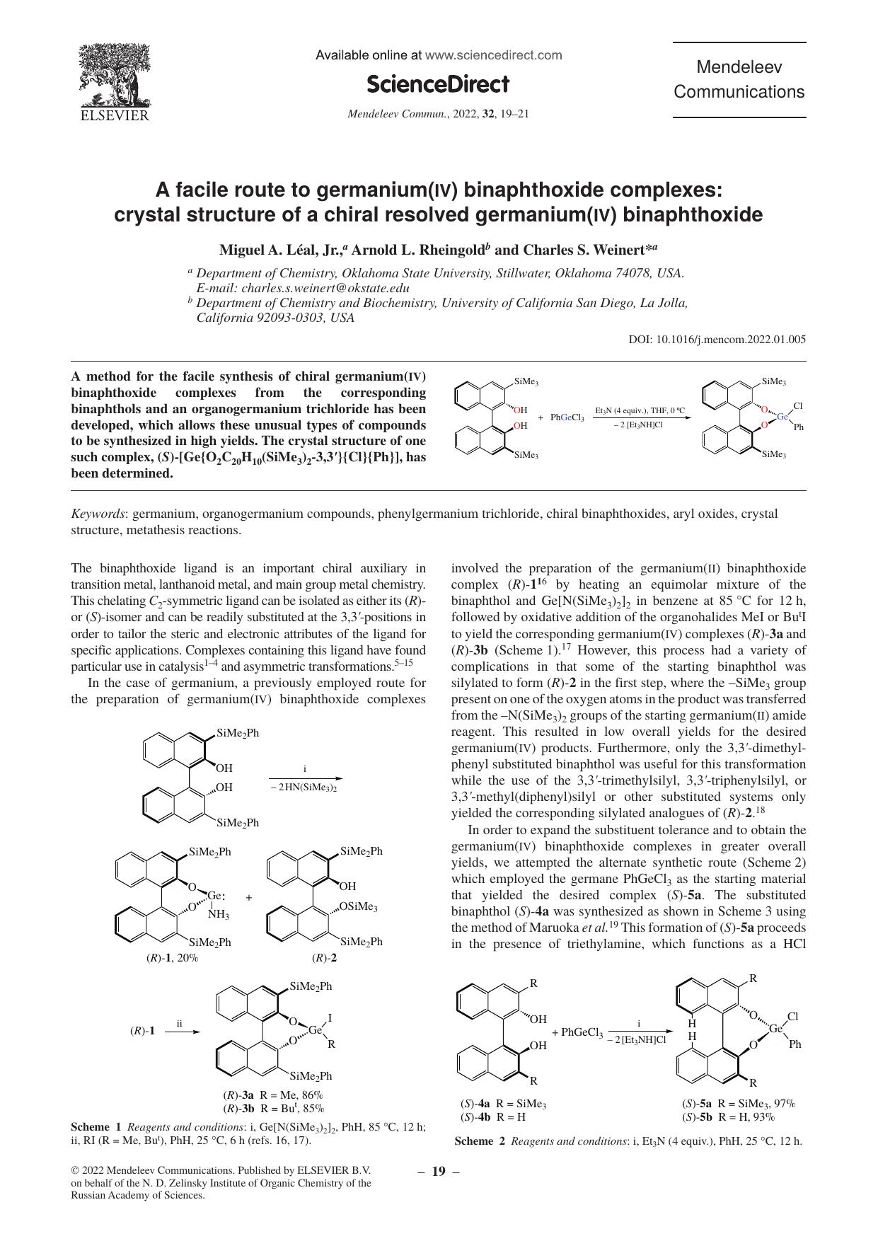 A facile route to germanium(IV) binaphthoxide complexes: crystal structure of a chiral resolved germanium(IV) binaphthoxide by Miguel A. Léal Jr. & Arnold L. Rheingold & Charles S. Weinert