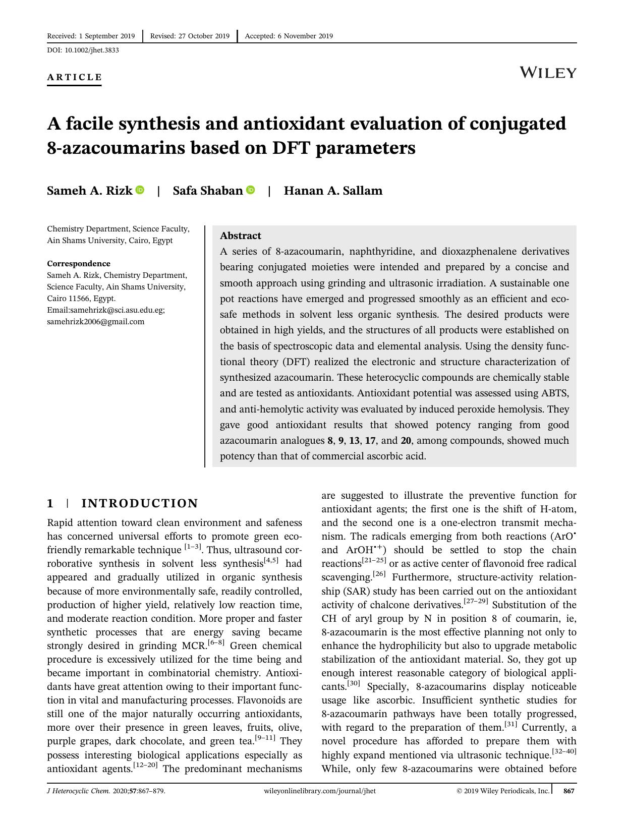 A facile synthesis and antioxidant evaluation of conjugated 8âazacoumarins based on DFT parameters by Sameh A. Rizk Safa Shaban Hanan A. Sallam