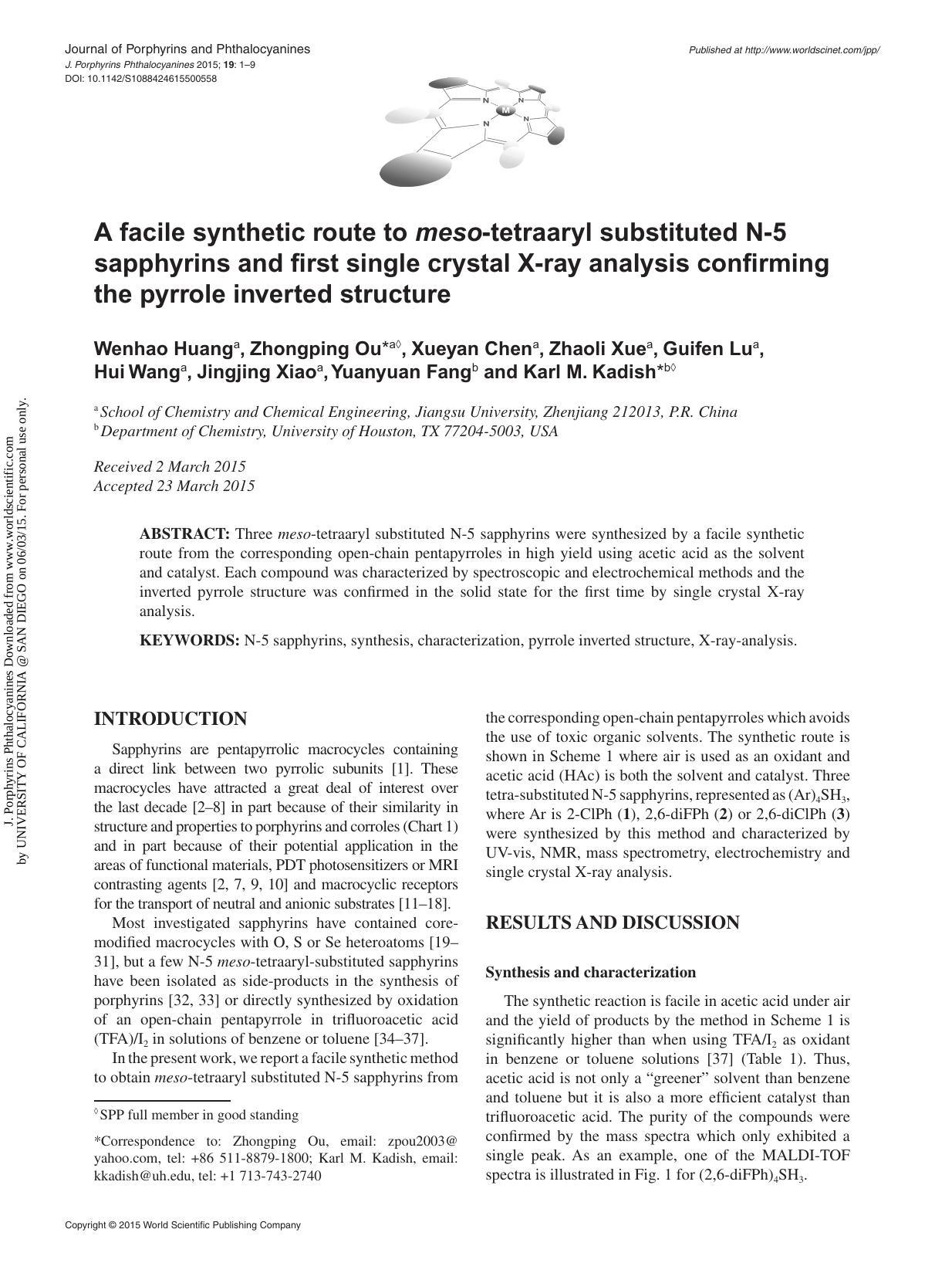 A facile synthetic route to meso-tetraaryl substituted N-5 sapphyrins and first single crystal X-ray analysis confirming the pyrrole inverted structure by unknow