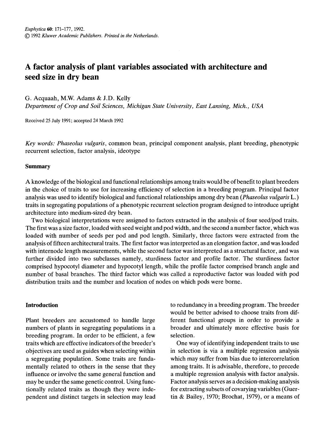 A factor analysis of plant variables associated with architecture and seed size in dry bean by Unknown