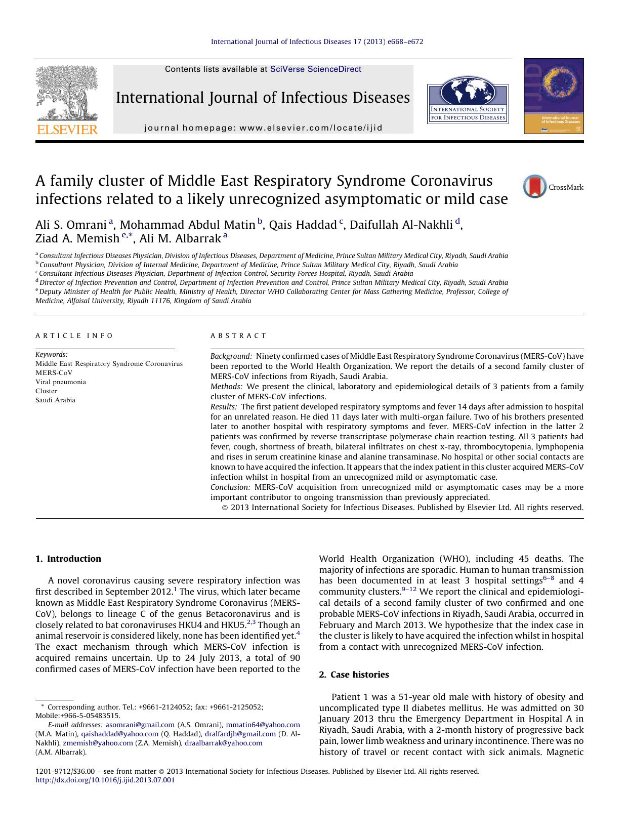 A family cluster of Middle East Respiratory Syndrome Coronavirus infections related to a likely unrecognized asymptomatic or mild case by unknow