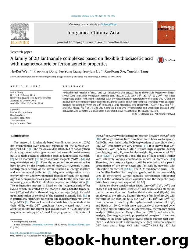 A family of 2D lanthanide complexes based on flexible thiodiacetic acid with magnetocaloric or ferromagnetic properties by He-Rui Wen & Piao-Ping Dong & Fu-Yong Liang & Sui-Jun Liu & Xin-Rong Xie & Yun-Zhi Tang