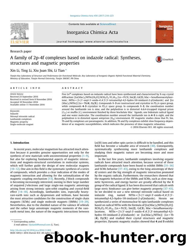 A family of 2p-4f complexes based on indazole radical: Syntheses, structures and magnetic properties by Xin Li & Ting Li & Xiu Juan Shi & Li Tian
