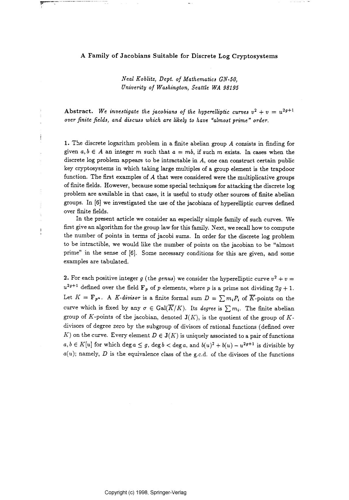 A family of Jacobians suitable for discrete log cryptosystems by Koblitz N