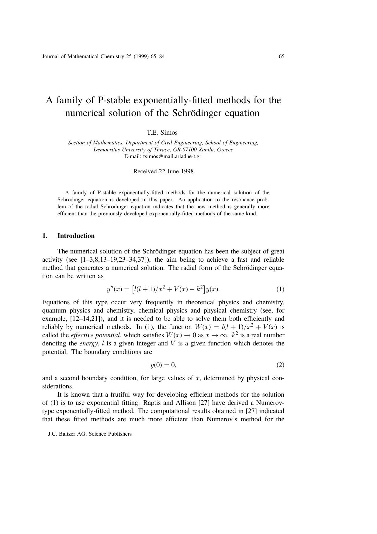 A family of P-stable exponentially‐fitted methods for the numerical solution of the Schrödinger equation by Unknown