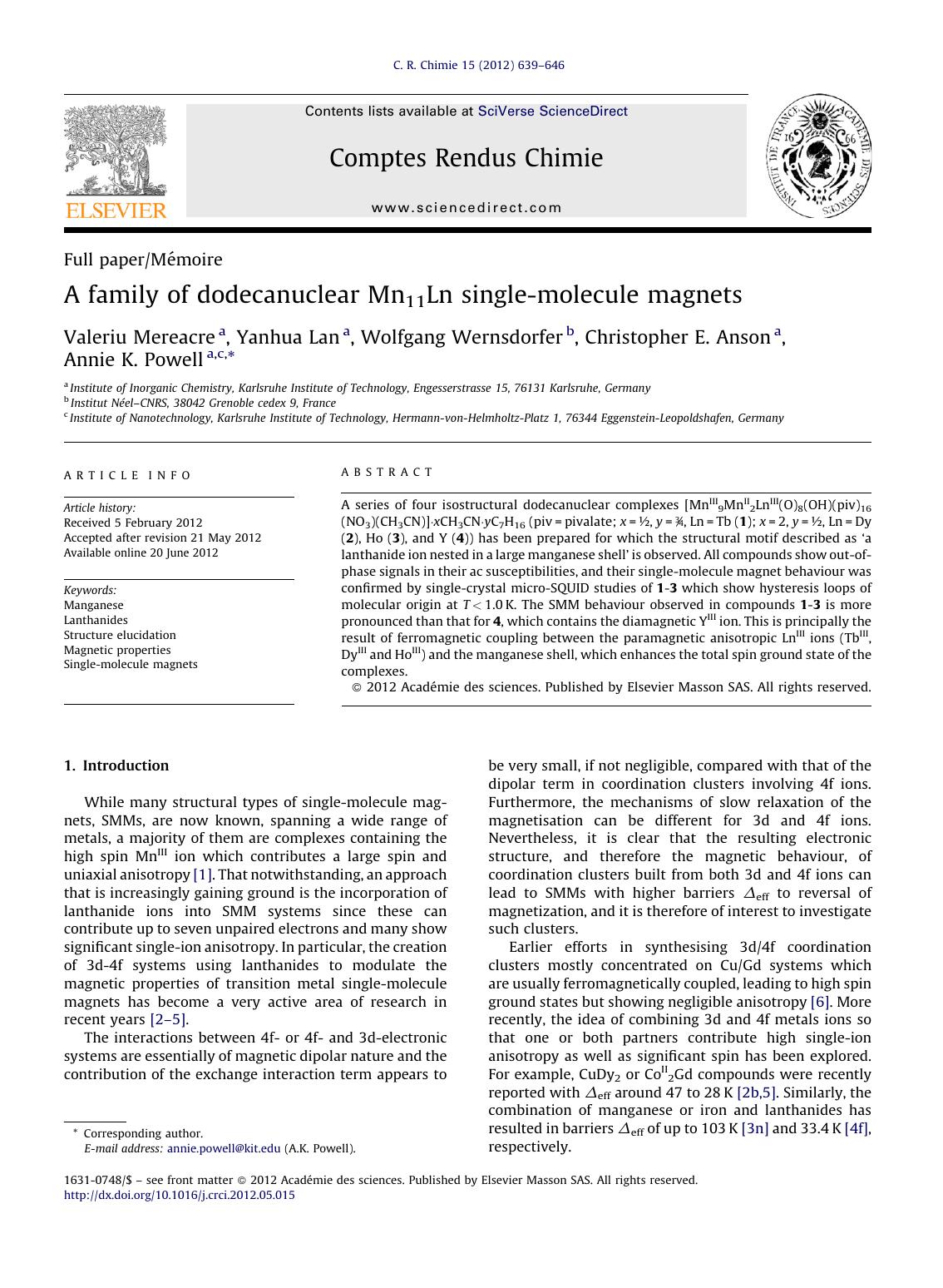 A family of dodecanuclear Mn11Ln single-molecule magnets by Valeriu Mereacre & Yanhua Lan & Wolfgang Wernsdorfer & Christopher E. Anson & Annie K. Powell